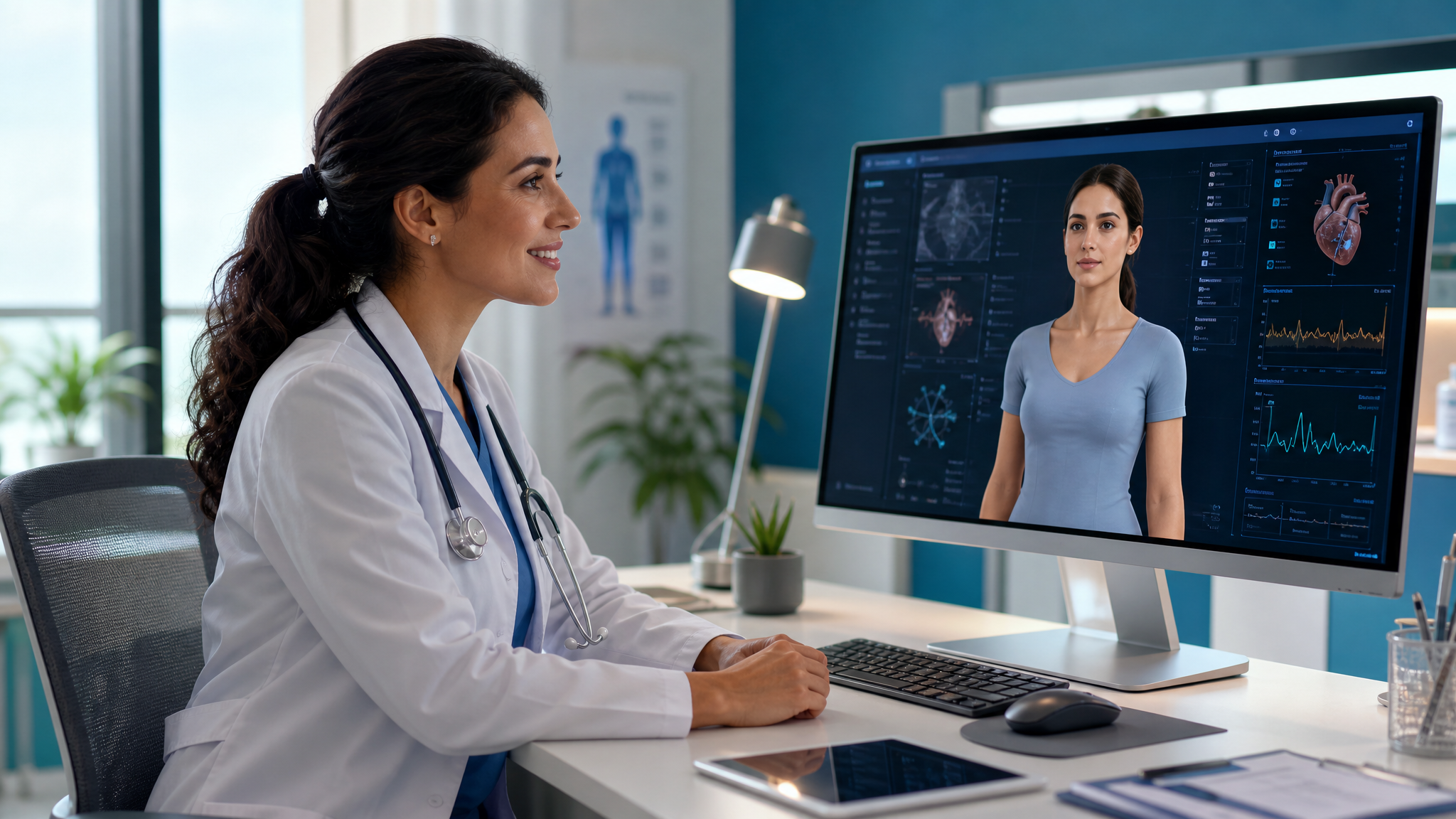 Médica interactuando con paciente virtual 3D en Praxis AI