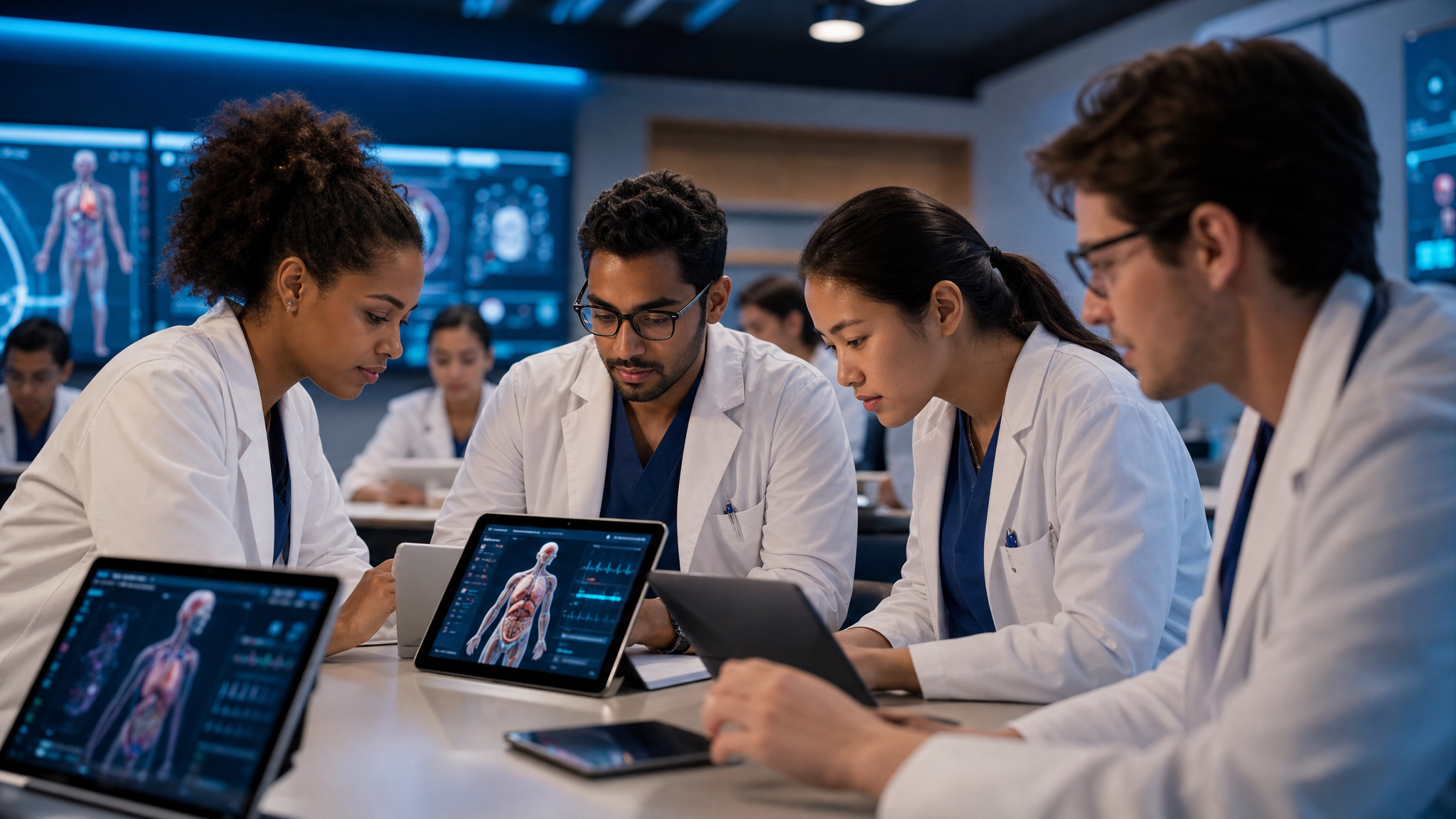 Estudiantes de medicina usando simulación clínica en el aula