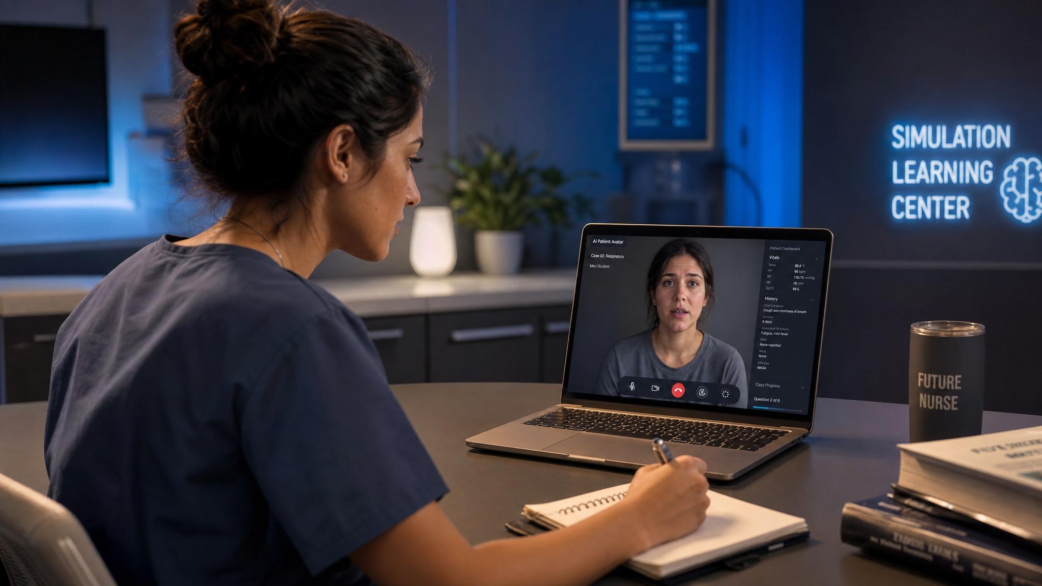 Estudiante de enfermería practicando consulta virtual con paciente IA